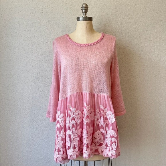 BELLE FRANCE Wool Blend Semi-Sheer Mini Sweater Dress w Sequin Pink - Picture 1 of 13